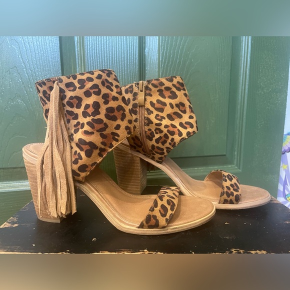 Very Volatile Shoes - New Leopard Print Fringe Stacked Heel Sandal